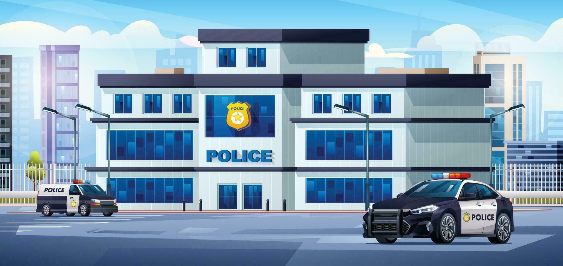 polícia estação construção com patrulha carros e cidade panorama. polícia departamento escritório. paisagem urbana fundo desenho animado ilustração vetor