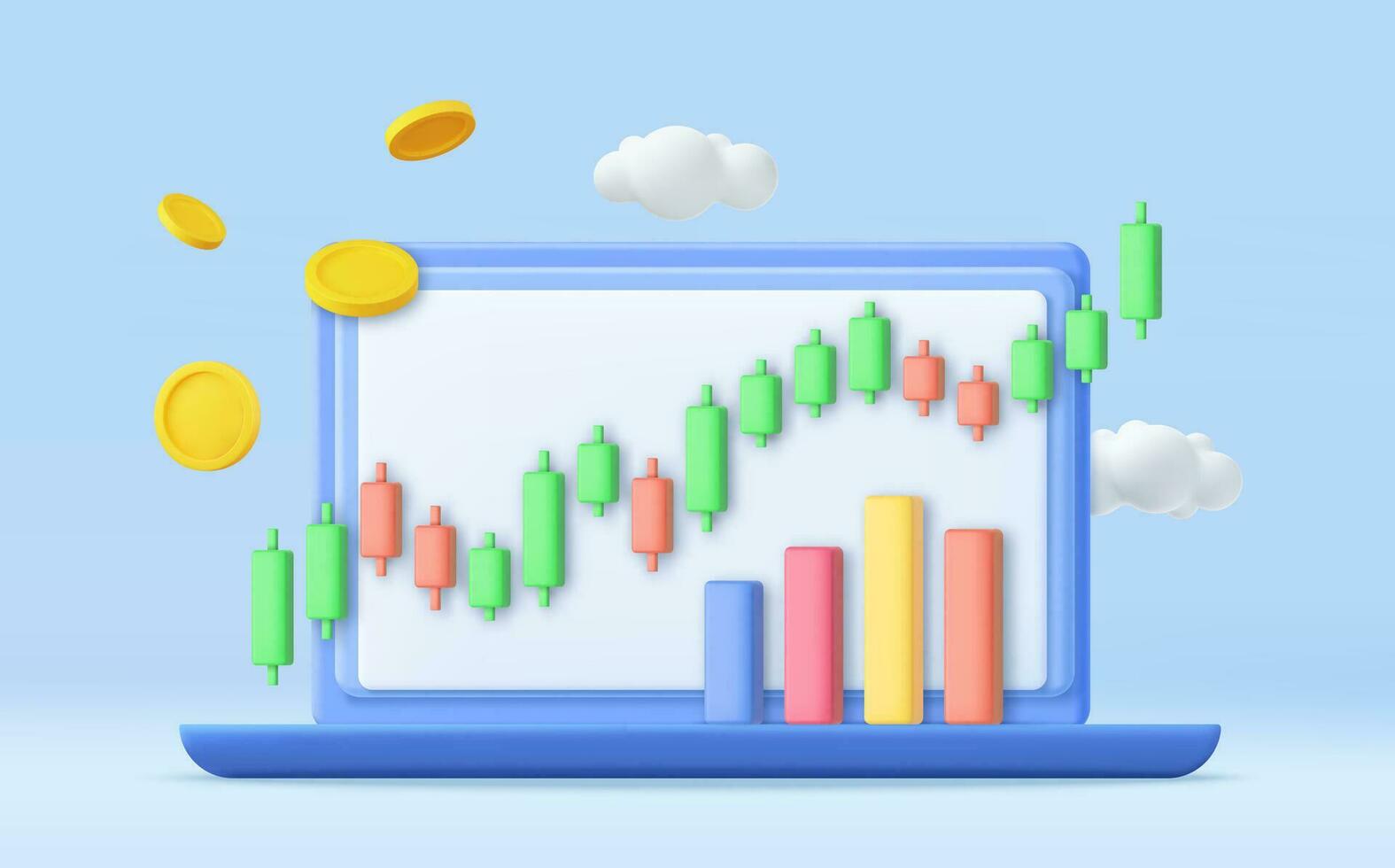 3d conectados estoque negociação com computador portátil. caderno usando financiamento o negócio gráfico em computador com dinheiro moeda. investimento negociação dentro a estoque mercado. 3d Renderização. vetor ilustração