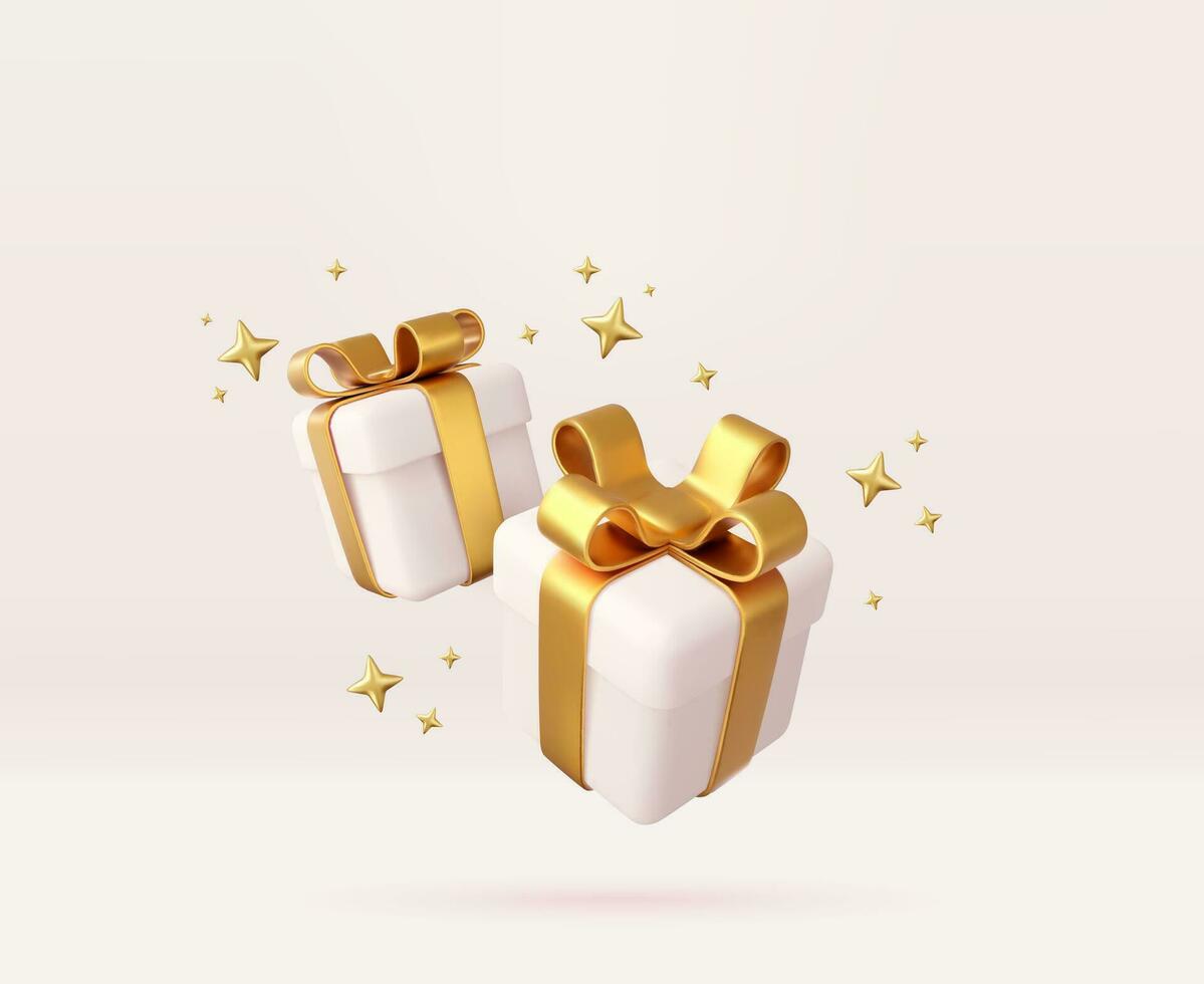 3d branco presente caixas com dourado fita e arco. aniversário celebração conceito. alegre Novo ano e alegre Natal 2023 branco presente caixas com dourado arcos. 3d Renderização. vetor ilustração