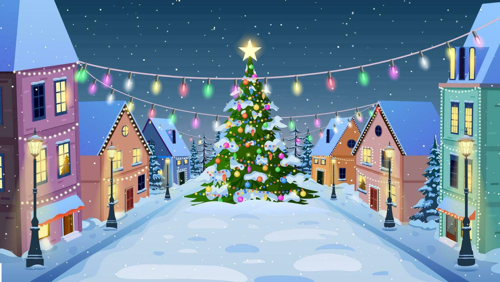 desenho animado inverno cidade rua com suave rua luzes dentro a noite dentro neve outono e Natal árvore. alegre Natal e feliz Novo ano cumprimento cartão fundo poster. vetor ilustração