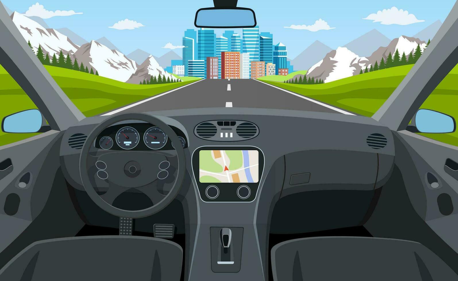 Visão do a estrada a partir de a carro interior. estrada caminho para cidade edifícios em horizonte. veículo salão, dentro carro motorista. moderno grande arranha-céus Cidade longe longe à frente. vetor ilustração dentro plano estilo