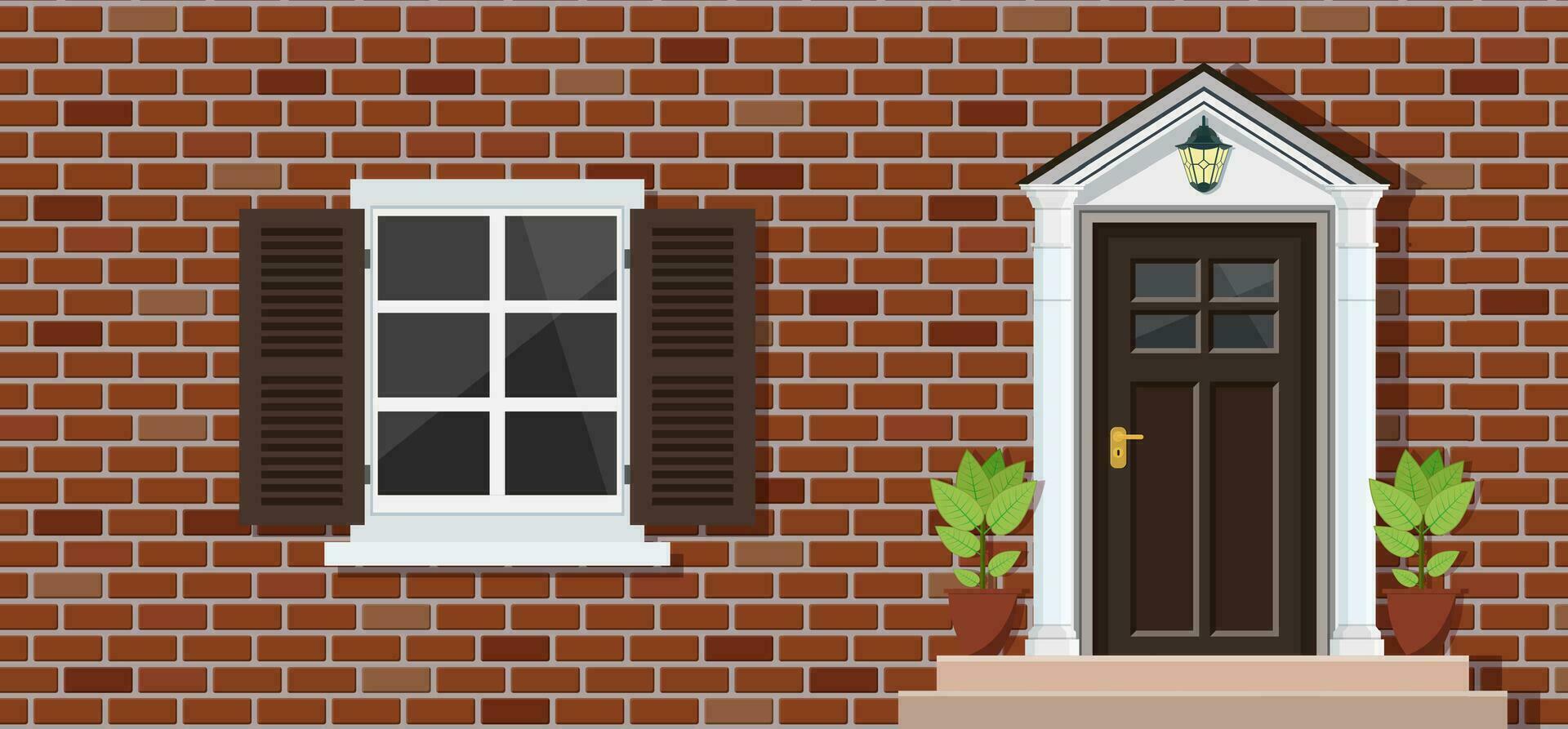 de madeira porta e janela em tijolo casa frente visualizar, arquitetura fundo, construção casa real Estado pano de fundo. vetor ilustração dentro plano estilo