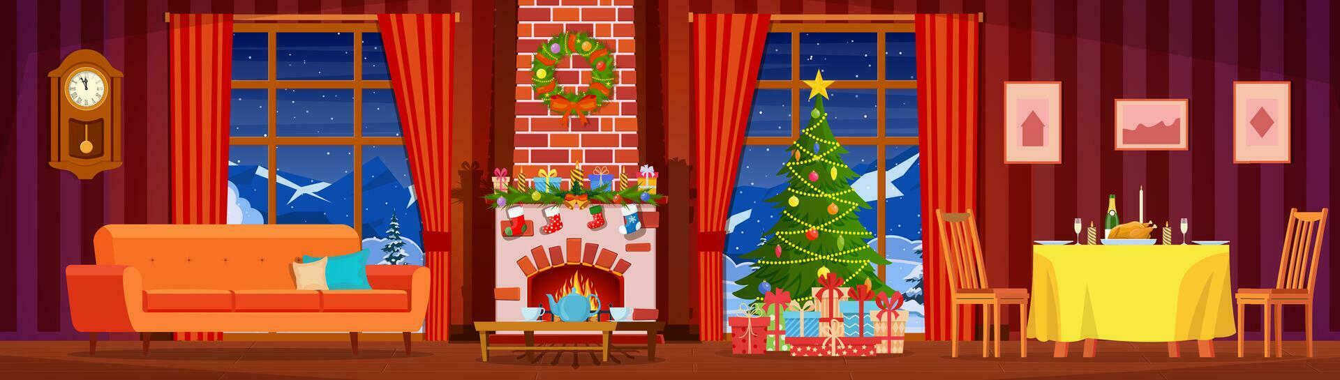 festivo interior do vivo sala, Novo ano. Natal árvore, festivo mesa, presentes acima lareira para Novo ano, lindo mobília, lareira, Natal guirlanda, decorações. vetor ilustração