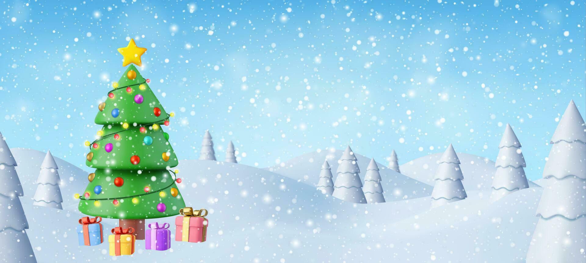 3d natural inverno Natal e Novo ano fundo com azul céu, queda de neve, Natal árvore e presentes. inverno panorama com queda Natal brilhando neve. vetor ilustração