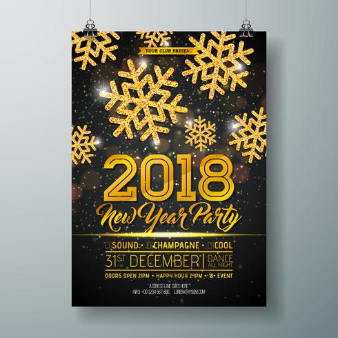 Ilustração do molde do cartaz da celebração do partido do ano novo com 3d o número 2018, a bola do disco e o fogo de artifício no fundo colorido brilhante. Vector Flyer de convite Premium de férias ou Banner Promo.