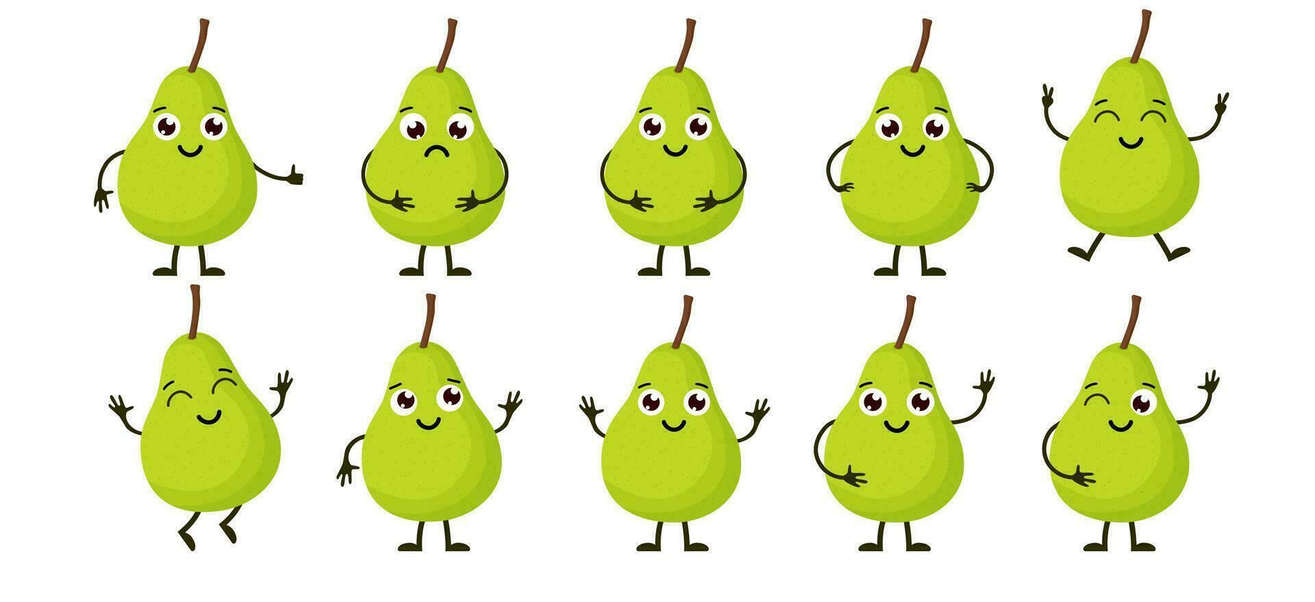desenho animado engraçado frutas. feliz pera com face. verão fruta pera personagens isolado em branco. vetor ilustração dentro plano estilo