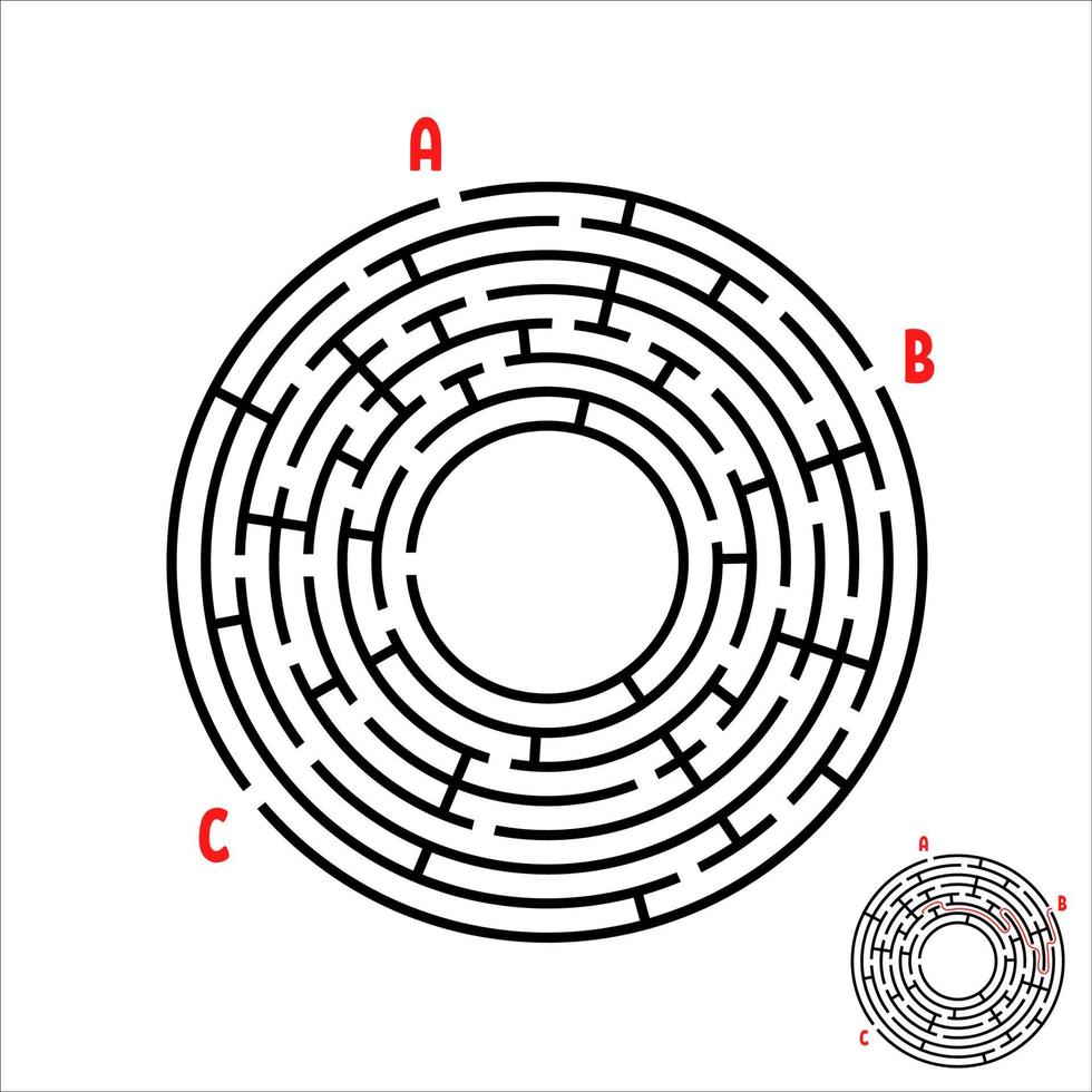 labirinto redondo preto. jogo para crianças. quebra-cabeça infantil. muitas entradas, uma saída. enigma do labirinto. ilustração em vetor plana simples isolada no fundo branco. com lugar para sua imagem.