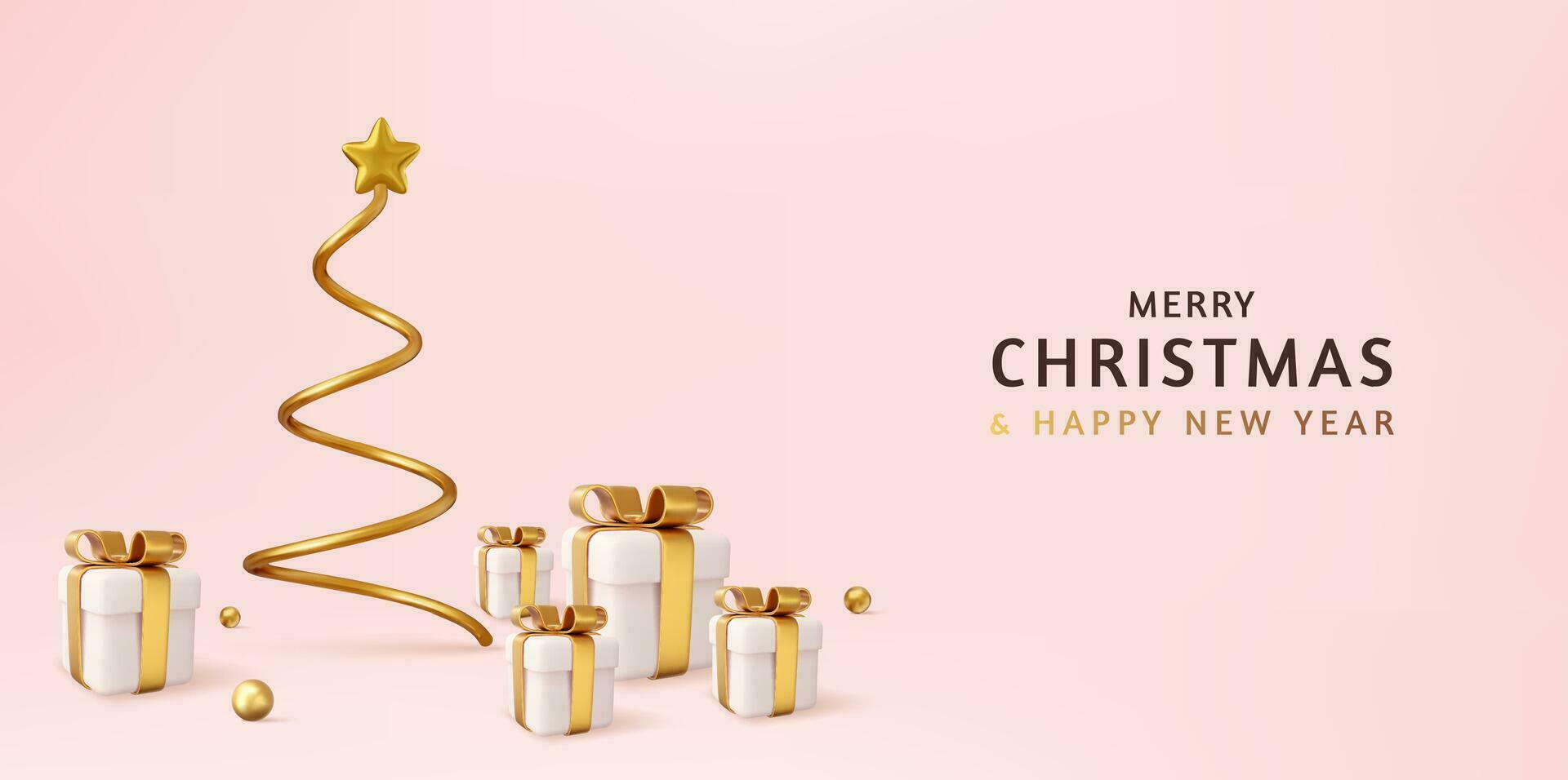 3d Natal projeto, dourado metálico cone espiral árvore com presente caixas. Natal e Novo ano fundo. 3d Renderização. vetor ilustração