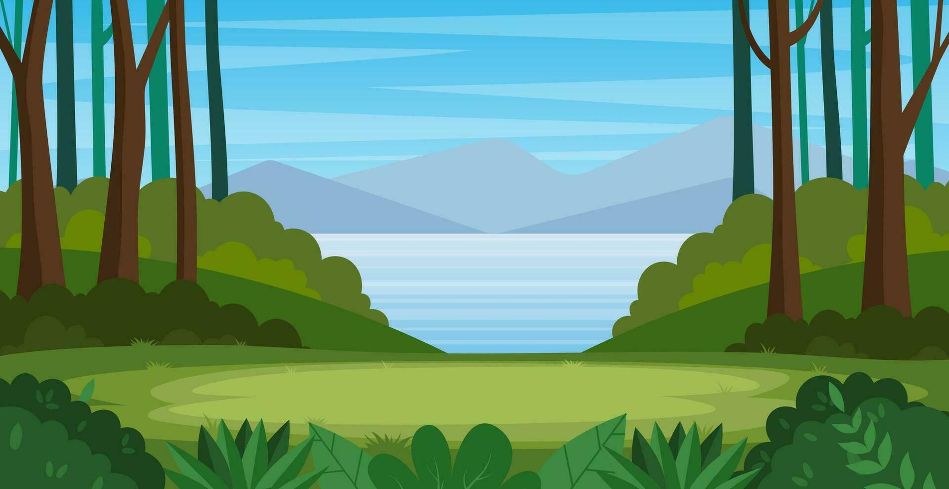 desenho animado montanha panorama com verão floresta. campo lindo natureza com verde árvores, rio lago água, silhuetas do montanhas. vetor ilustração dentro plano estilo