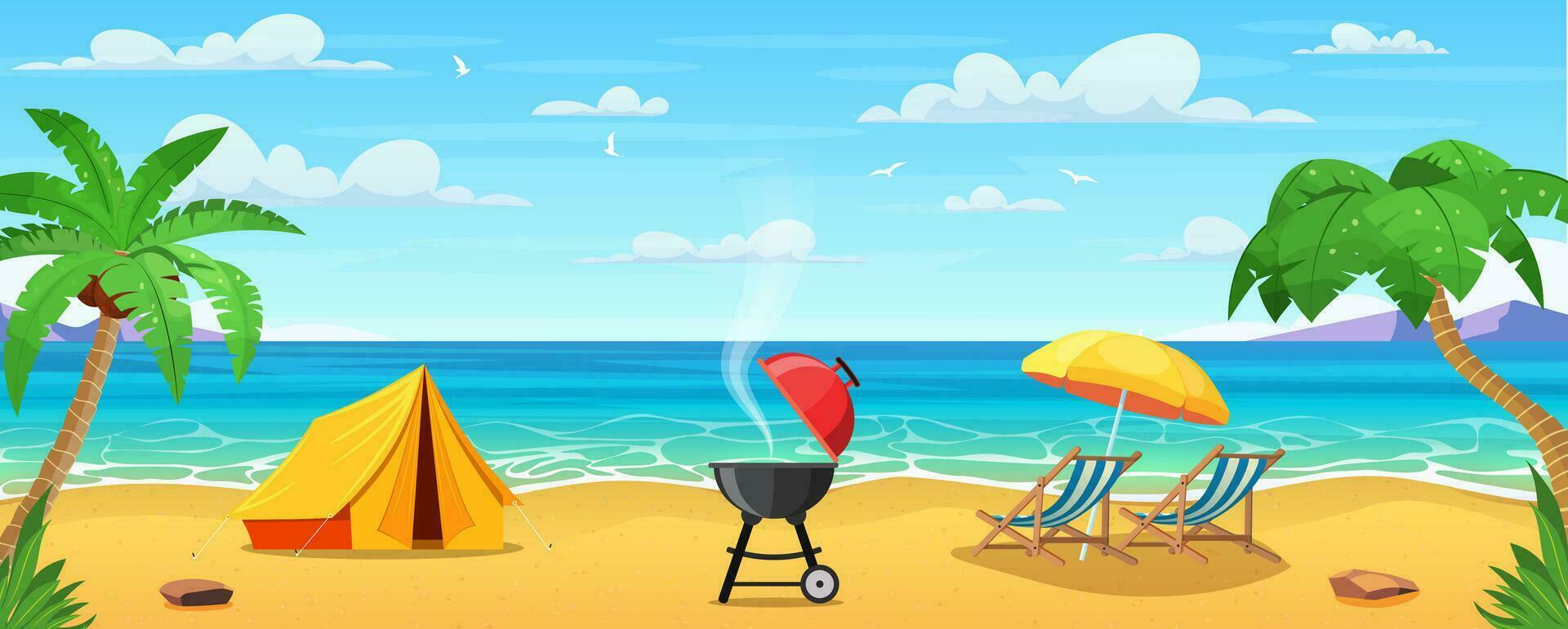horário de verão em a de praia. desenho animado turista barraca acampamento e Sol espreguiçadeiras em a tropical de praia . verão período de férias em mar costa. vetor ilustração dentro plano estilo