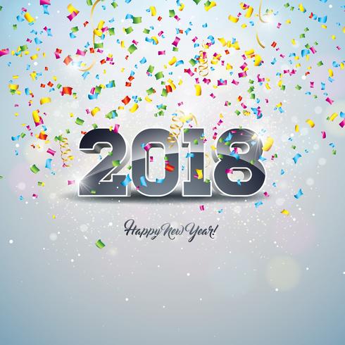 Ilustração do ano novo feliz 2018 com número 3d e bola decorativa no fundo brilhante dos confetes. vetor