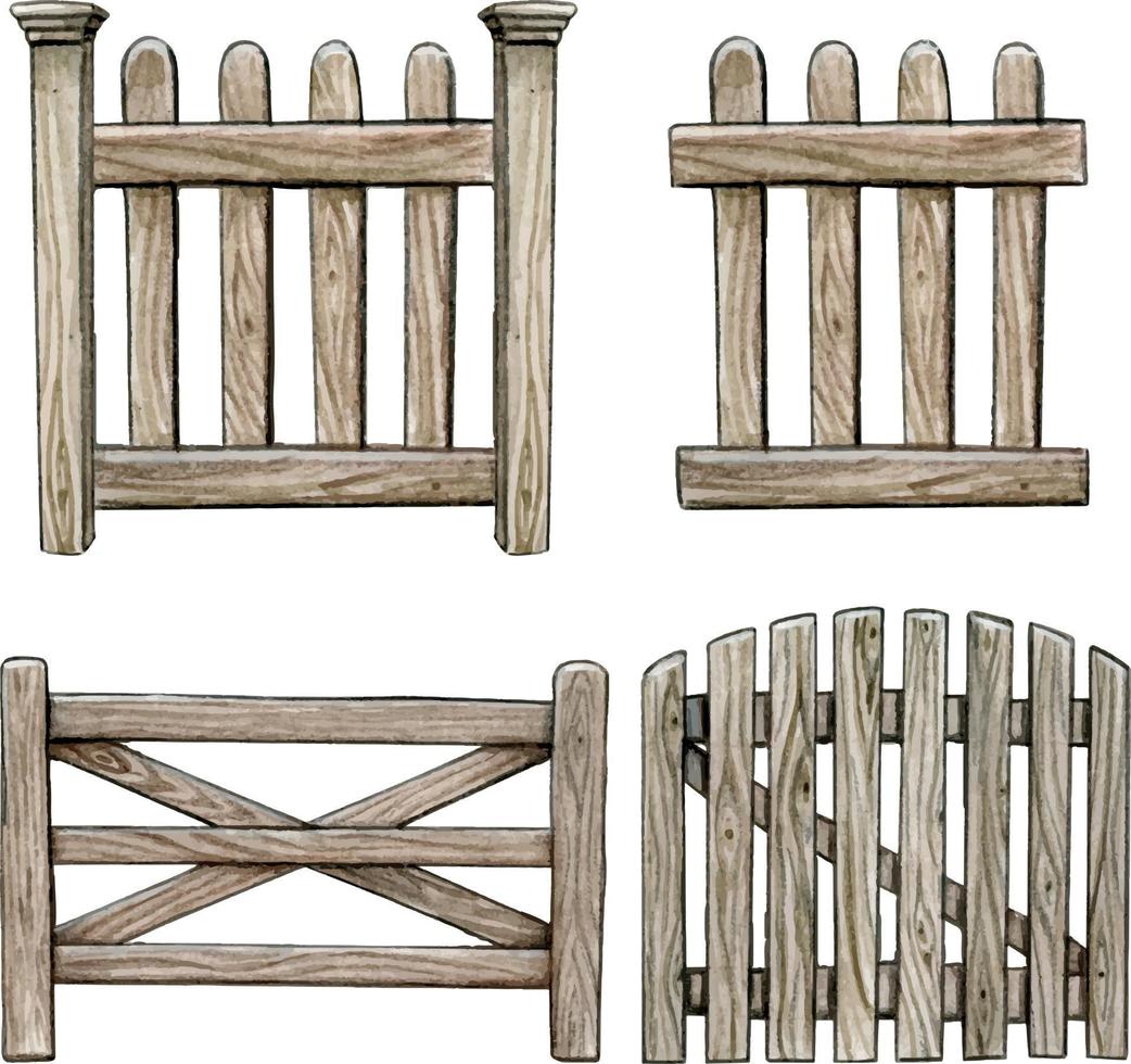 coleção de cerca de madeira em aquarela vetor
