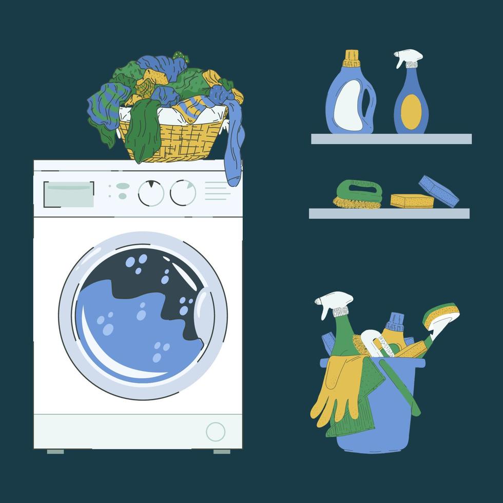 serviços de lavandaria, limpeza de apartamentos. ilustração dos desenhos animados de utensílios domésticos para limpeza e lavagem. máquina de lavar, pós, detergentes, escovas, trapos, esponjas, baldes, luvas. vetor