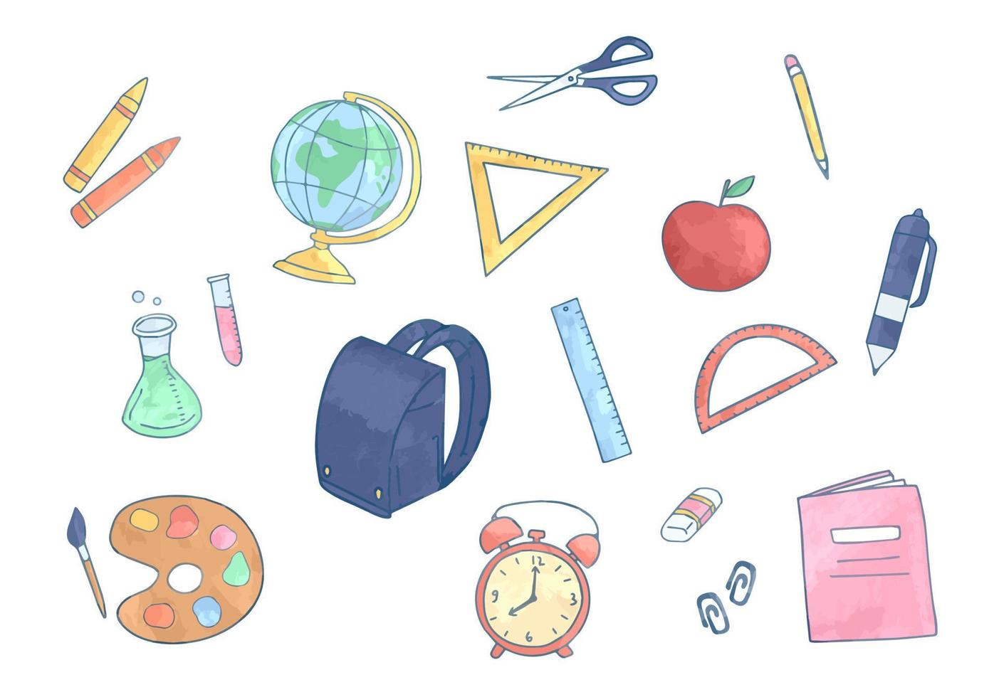 elementos de papelaria escolares coloridos isolados, itens escolares em aquarela desenhados à mão vetor