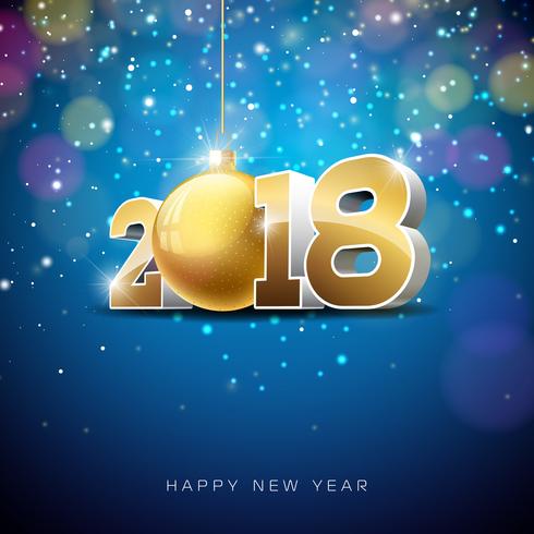 Ilustração do ano novo feliz 2018 do vetor no fundo brilhante da iluminação com projeto da tipografia.