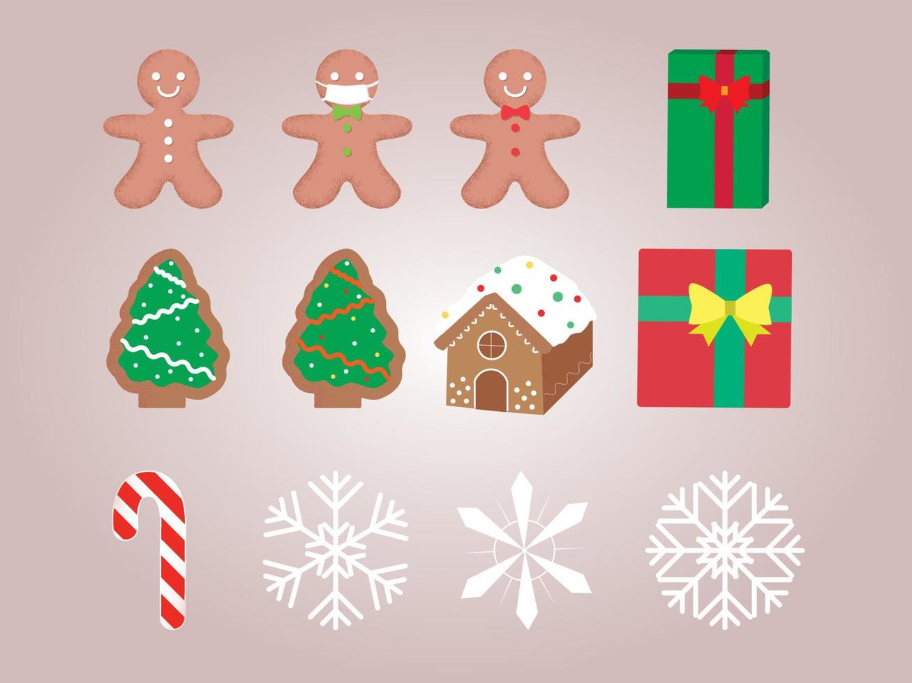 conjunto de elementos de natal com boneco de gengibre e casa e cartão-presente árvore de natal e flocos de neve vetor