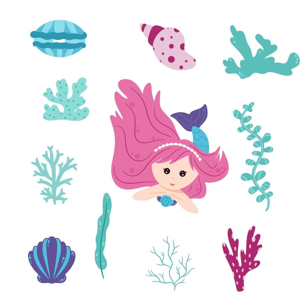 pequenas sereias e elementos do mundo subaquático. estilo de desenho animado. vetor
