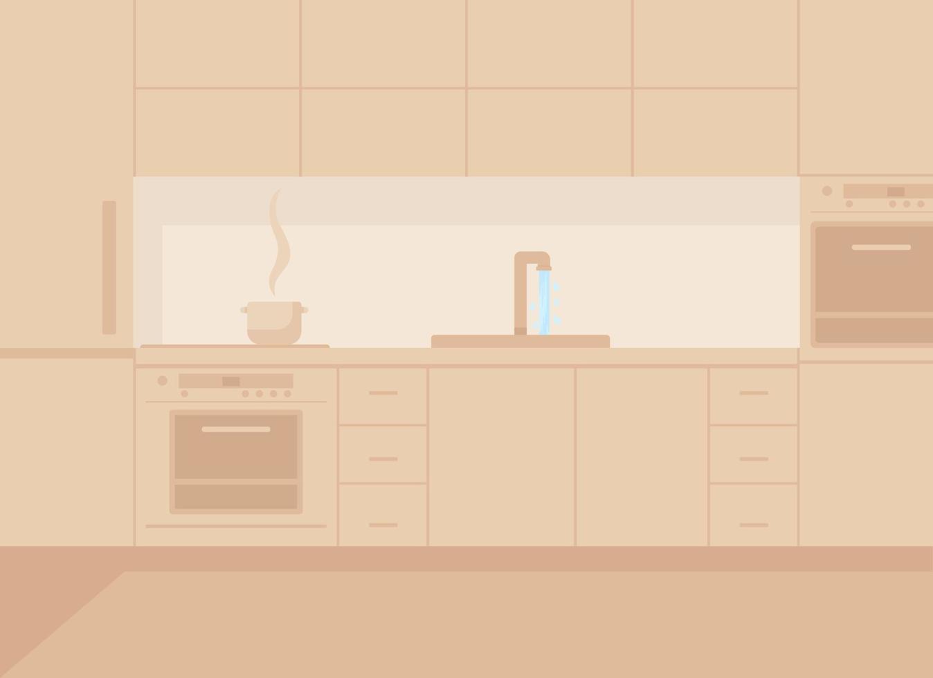 ilustração em vetor cor plana marrom cozinha monocromática. móveis modernos na sala de jantar. apartamento com aparelho. interior de desenho animado 2d doméstico com mobília moderna no fundo
