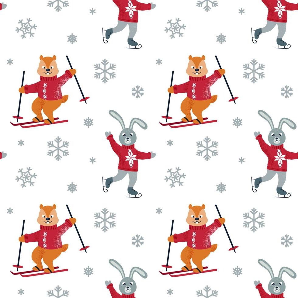 patter sem costura de inverno com lebre de patinação, esquilo de esqui e flocos de neve. design de natal. ilustração vetorial. vetor