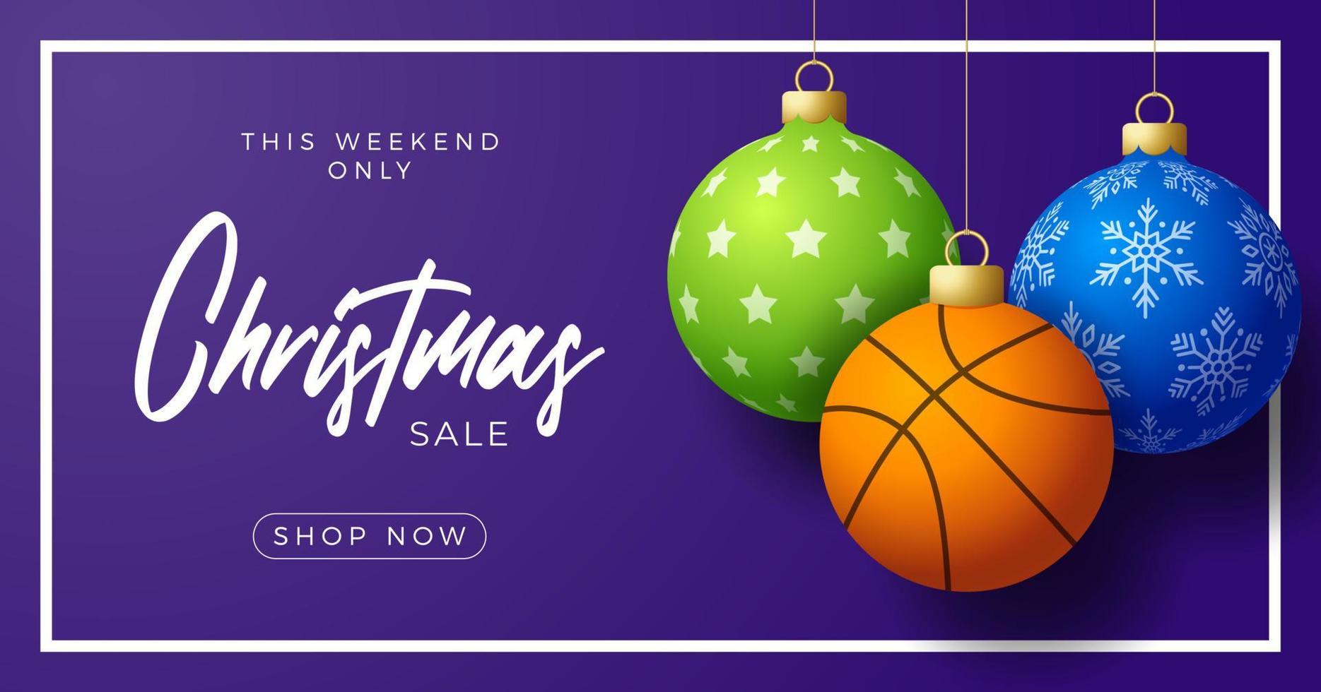 basquete, feliz Natal e feliz ano novo cartão de felicitações de esportes de luxo. bola de basquete como uma bola de Natal no fundo. ilustração vetorial. vetor