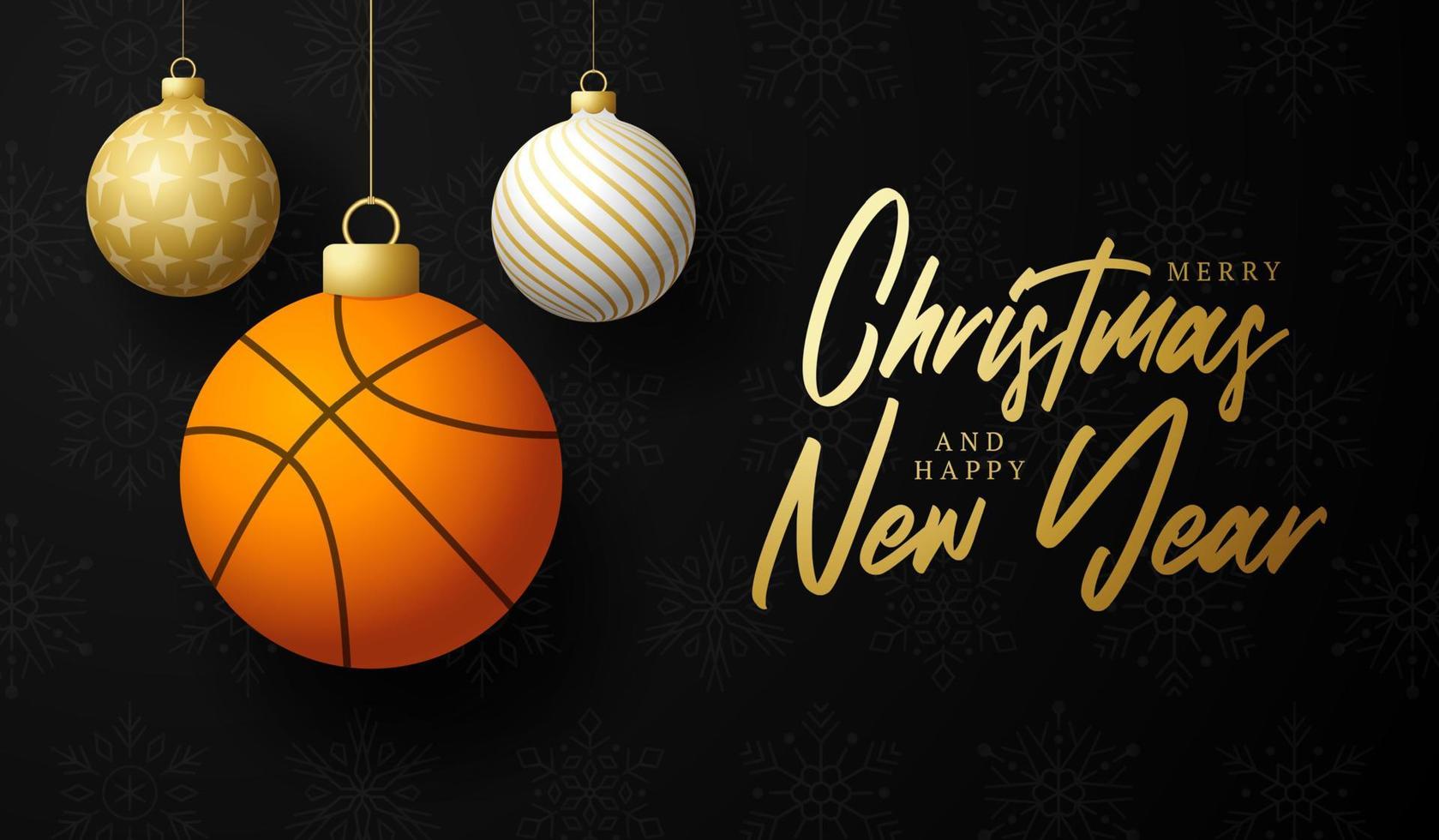 basquete, feliz Natal e feliz ano novo cartão de felicitações de esportes de luxo. bola de basquete como uma bola de Natal no fundo. ilustração vetorial. vetor