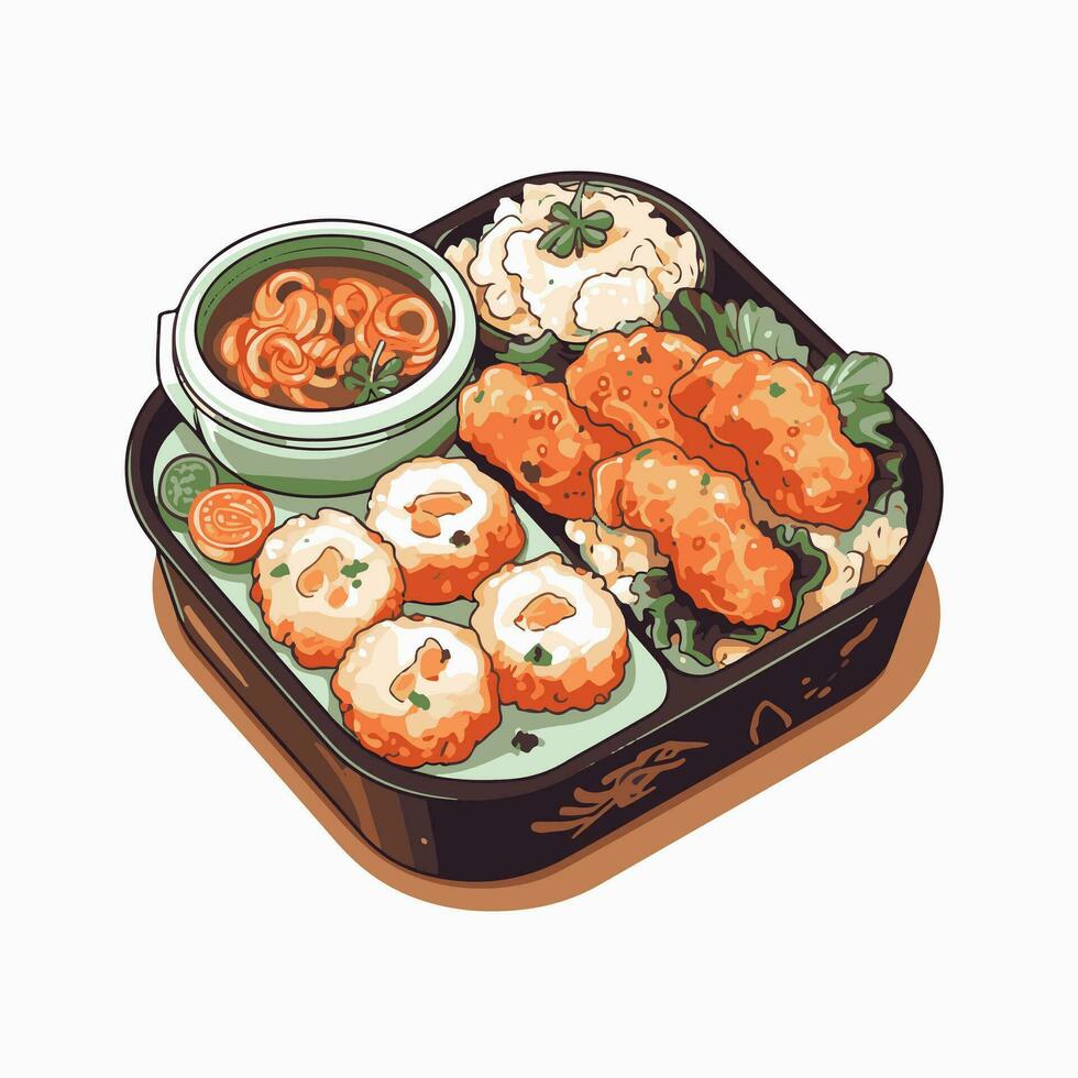 ai gerado bento arroz com bolinho de massa, frito camarão, ekkado e cenoura salada maionese ícone ilustração vetor