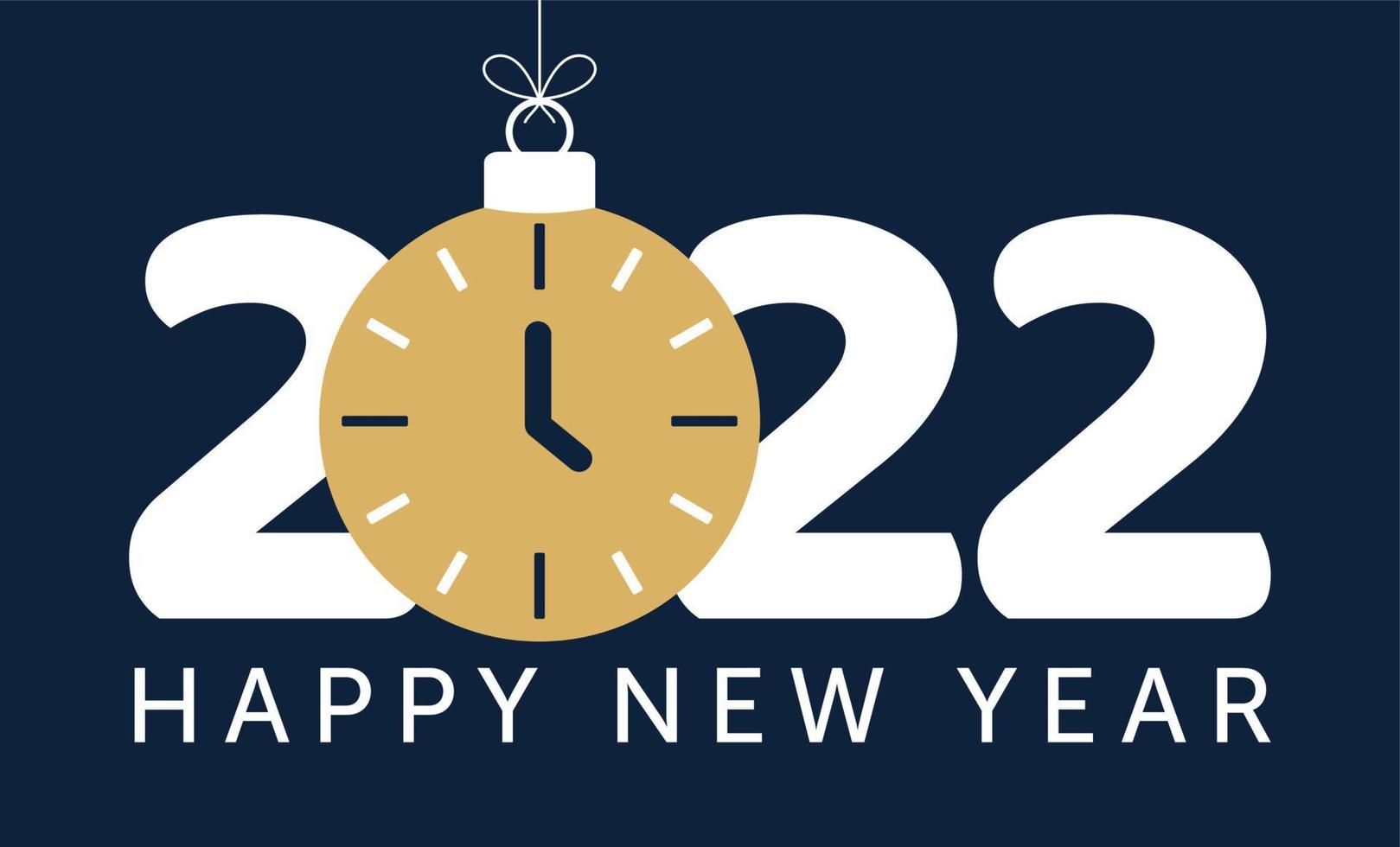 Ilustração em vetor 2022 feliz ano novo. Ano novo de 2022 com bola de bugiganga de relógio azul em ilustração de fundo preto em estilo plano e cartoon