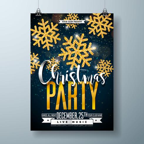 Vector feliz Natal festa cartaz Design modelo com elementos de tipografia do feriado e floco de neve de ouro brilhante sobre fundo escuro.