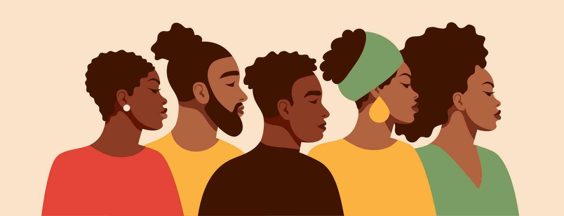 uma grupo retrato do Preto pessoas. africano americano homens e mulheres. Preto história mês. desenho animado, plano, vetor ilustração