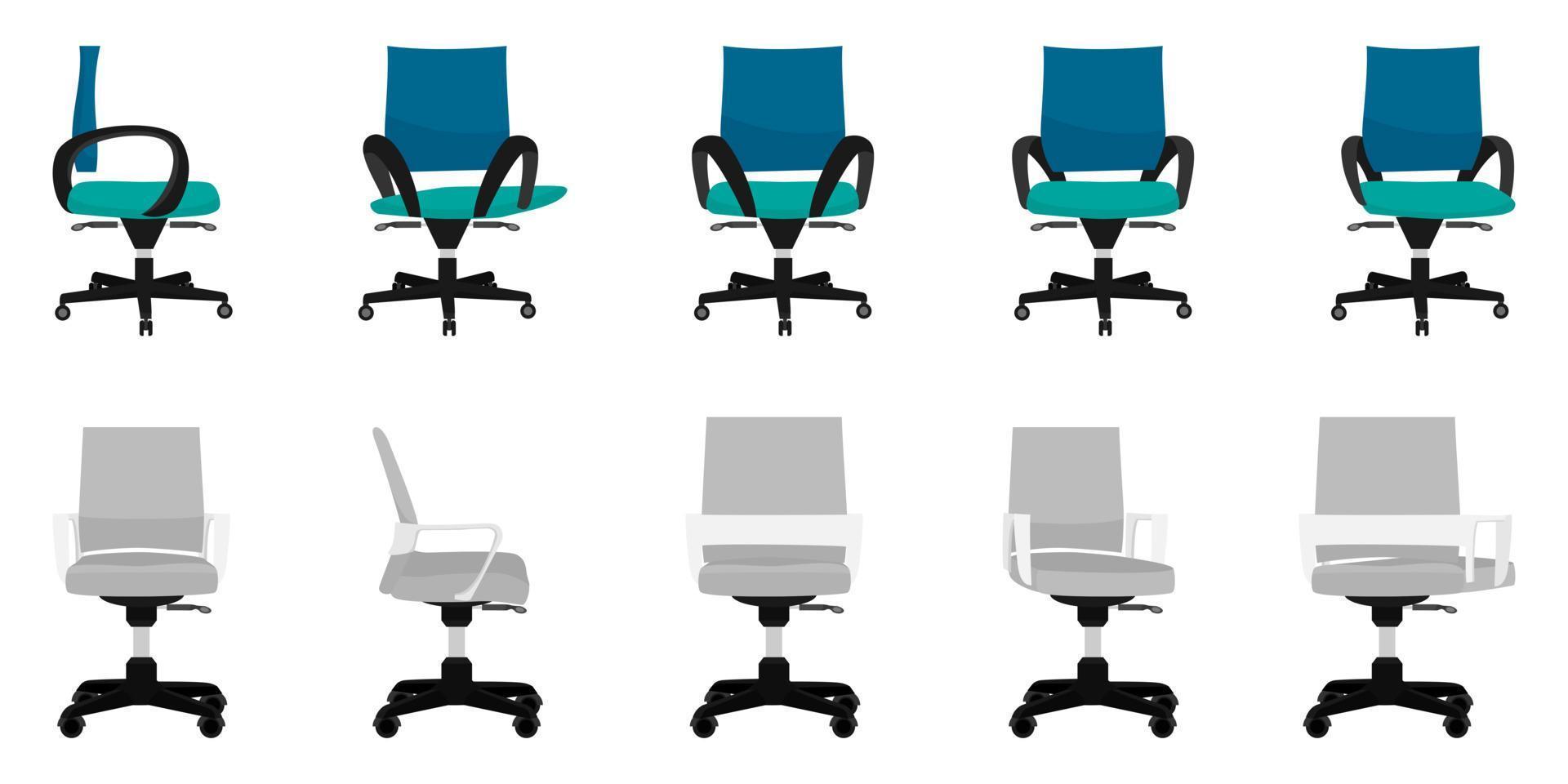 escritório moderno e bonito e cadeiras de diferentes formatos e tamanhos ao ar livre com poses diferentes vetor