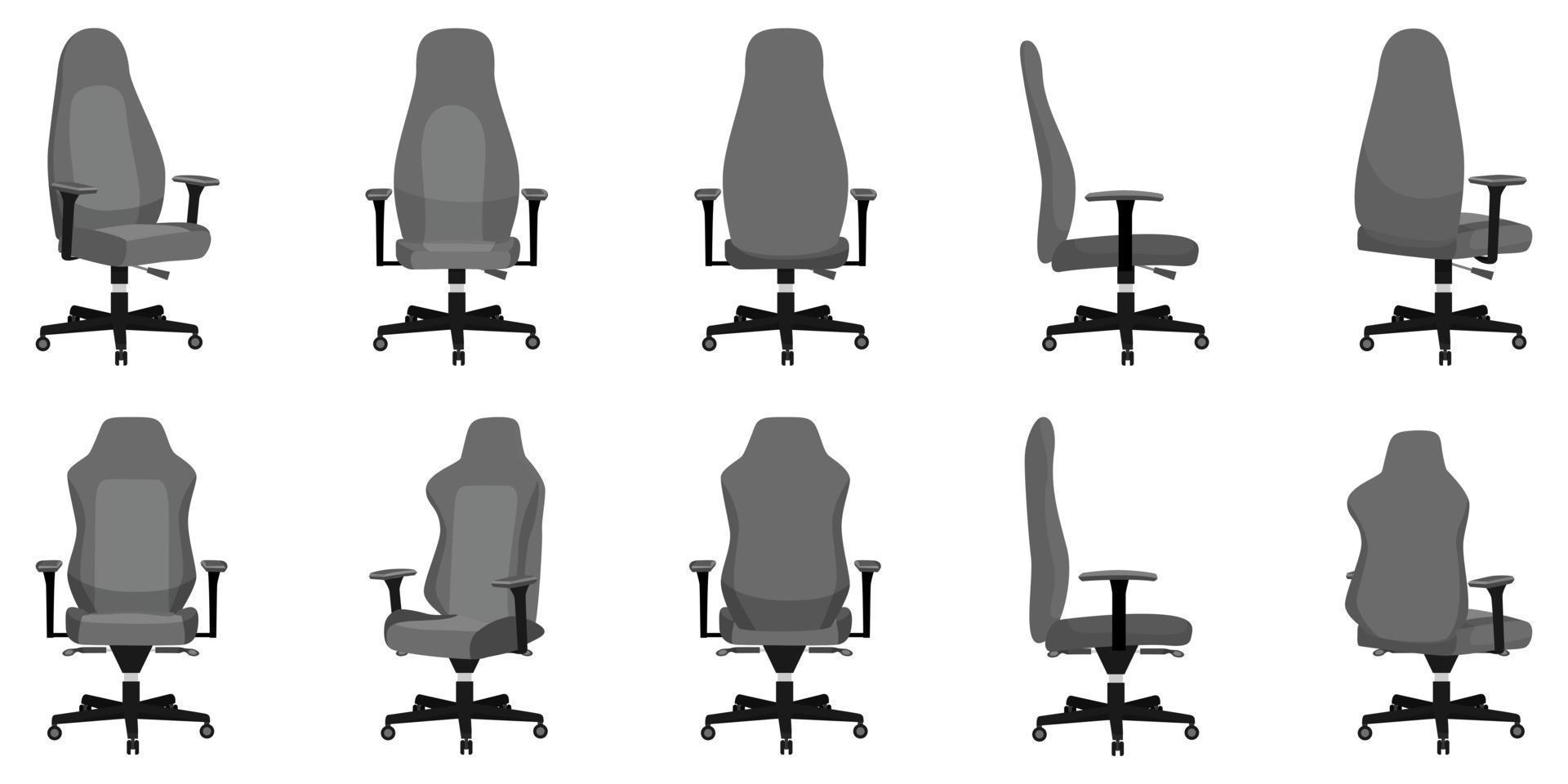 lindo escritório moderno bonito e cadeiras de diferentes formatos e tamanhos ao ar livre com diferentes poses isoladas no fundo branco vetor