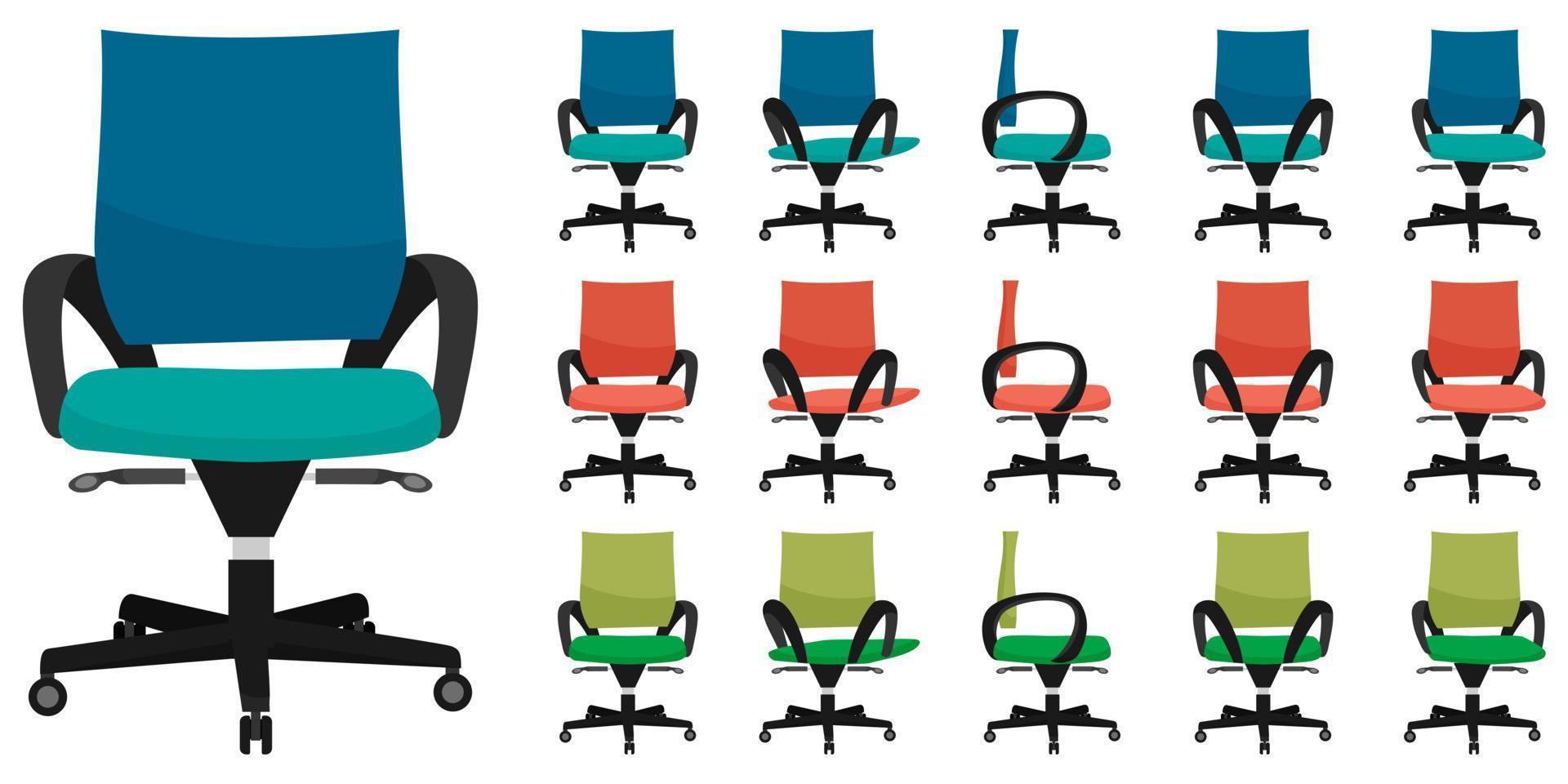 bela cadeira de escritório moderna com diferentes poses, posições e cores isoladas vetor