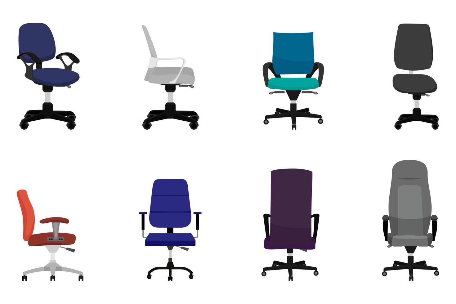 lindas cadeiras modernas com diferentes formas e tamanhos para o escritório e ao ar livre com diferentes poses, posições e cores vetor