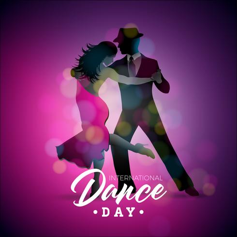 Ilustração internacional do vetor do dia da dança com pares da dança do tango no fundo roxo. Modelo de design para banner, panfleto, convite, folheto, cartaz ou cartão de felicitações.