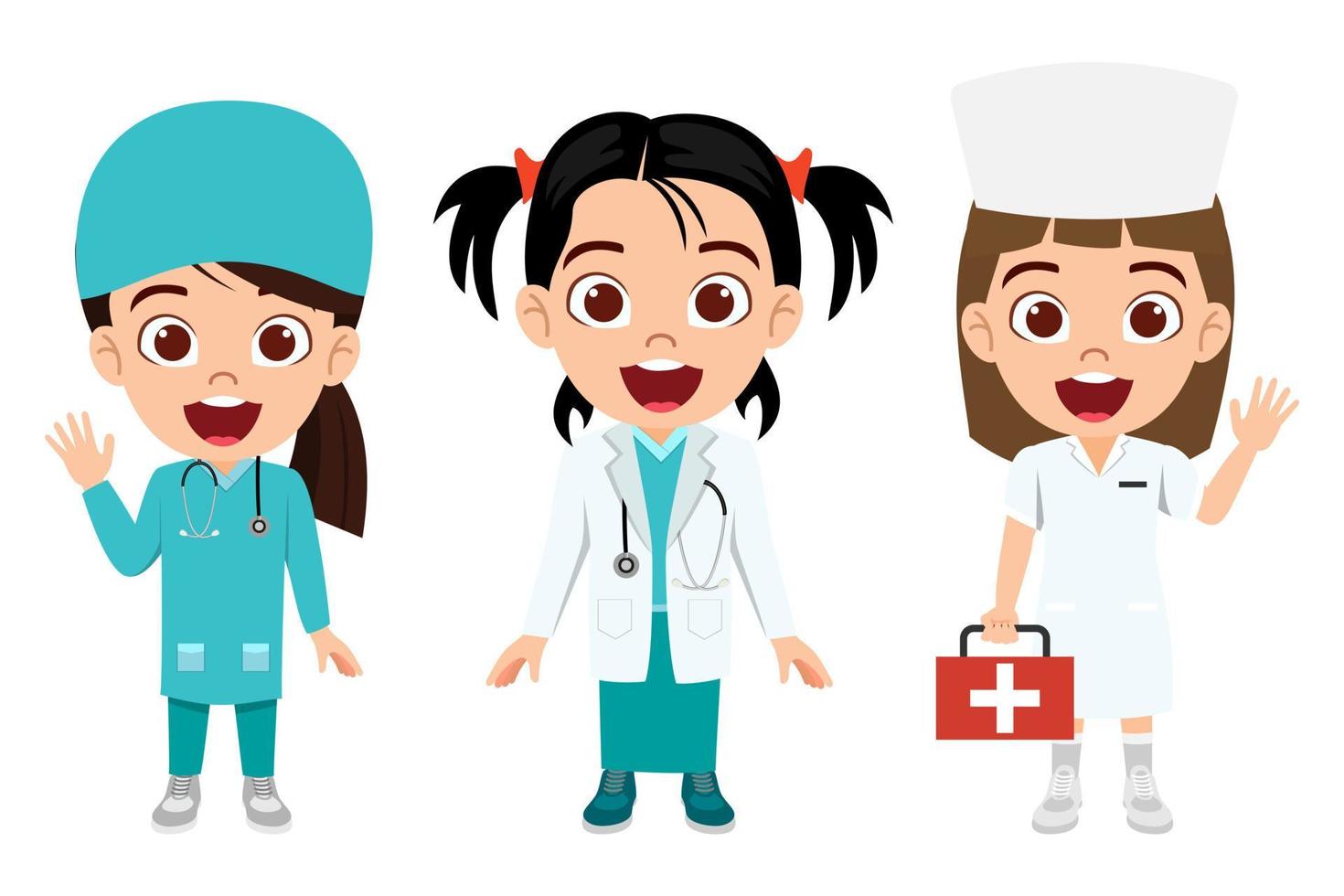 criança linda garota médica enfermeira personagem vestindo roupa de médico enfermeira segurando kit médico acenando vetor