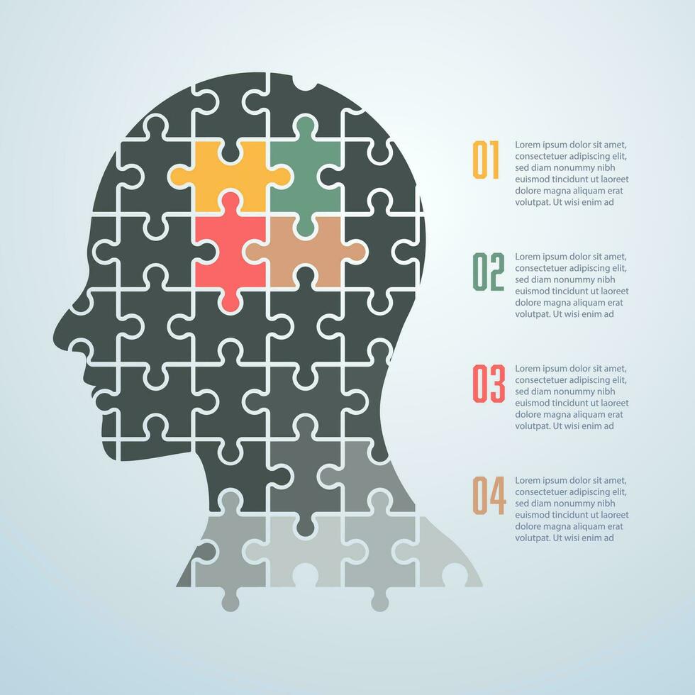 criativo pensando infográficos apresentado de enigma quebra-cabeças homem cabeça vetor