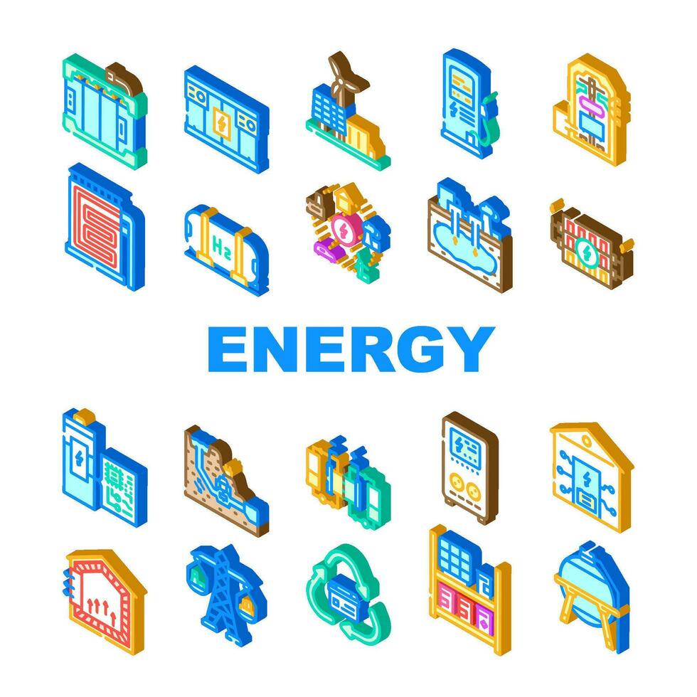 energia armazenamento poder bateria ícones conjunto vetor