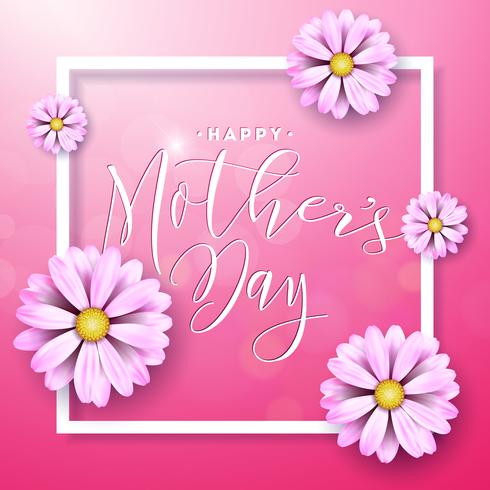 Feliz dia das mães cartão com flores sobre fundo rosa. Modelo de ilustração de celebração de vetor com design tipográfico para banner, panfleto, convite, folheto, cartaz.
