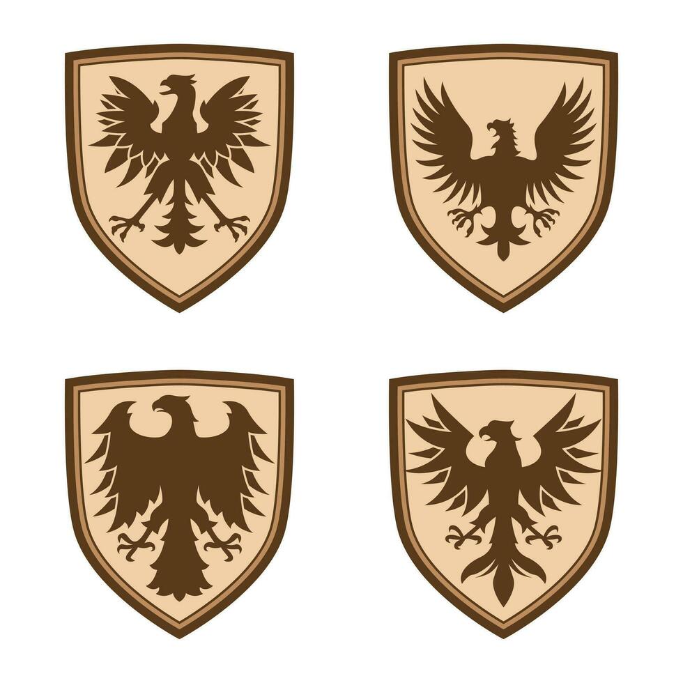 coleção do real pássaro logotipos com escudos. heráldico pássaro logotipo vetor