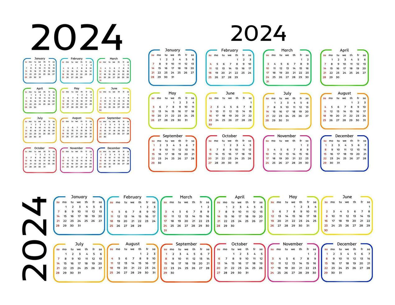 conjunto do três calendários para 2024 dentro diferente formulários isolado em uma branco fundo. domingo para segunda-feira, o negócio modelo. vetor ilustração