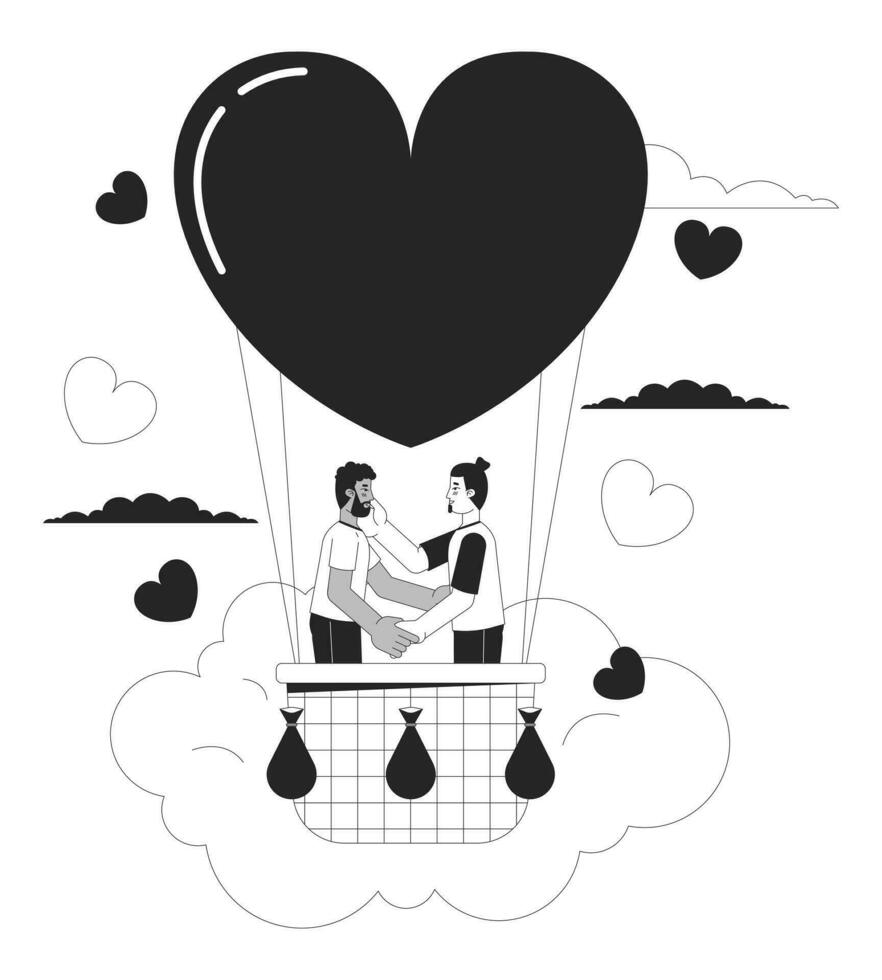 romântico quente ar balão passeio Preto e branco 2d ilustração conceito. interracial gay casal desenho animado esboço personagens isolado em branco. a comemorar especial dia metáfora monocromático vetor arte