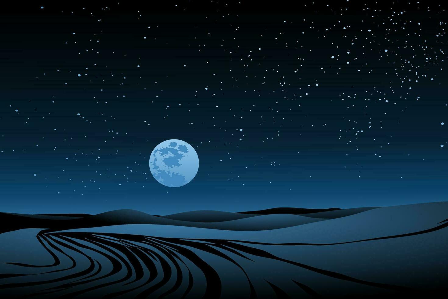 noite panorama dentro deserto com lua e estrelas vetor