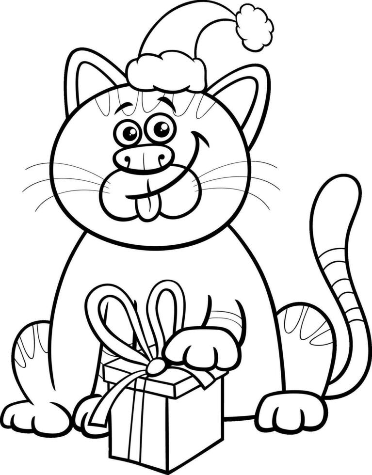 desenho de gato de desenho animado com presente na época do natal para colorir vetor
