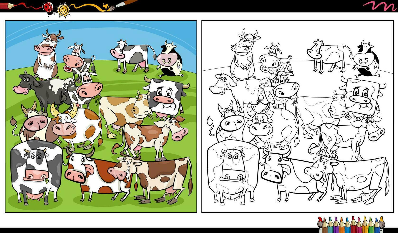 desenho animado vacas Fazenda animal personagens grupo coloração página vetor