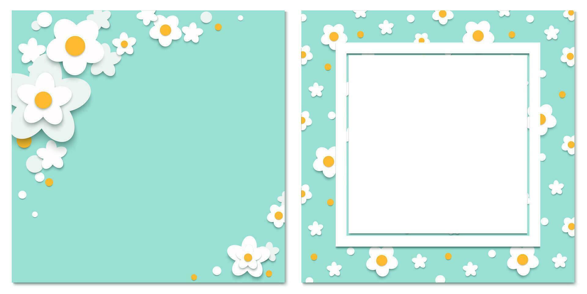 Primavera floral quadros conjunto com papel cortar flores simples branco flores em verde cor fundo. vetor ilustração