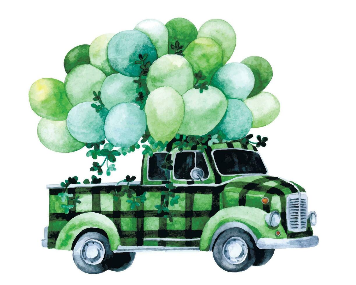 aguarela desenhando para st. patrick's dia. verde carro, caminhão com balões e trevo. vintage ilustração, decoração para cartão postal vetor