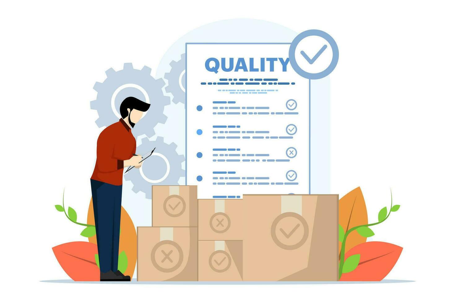 produtos qualidade ao controle conceito, pessoas Verifica produtos qualidade com estabelecido padrões. inspeção ou teste procedimentos este foco em encontro requisitos. moderno plano vetor ilustração.