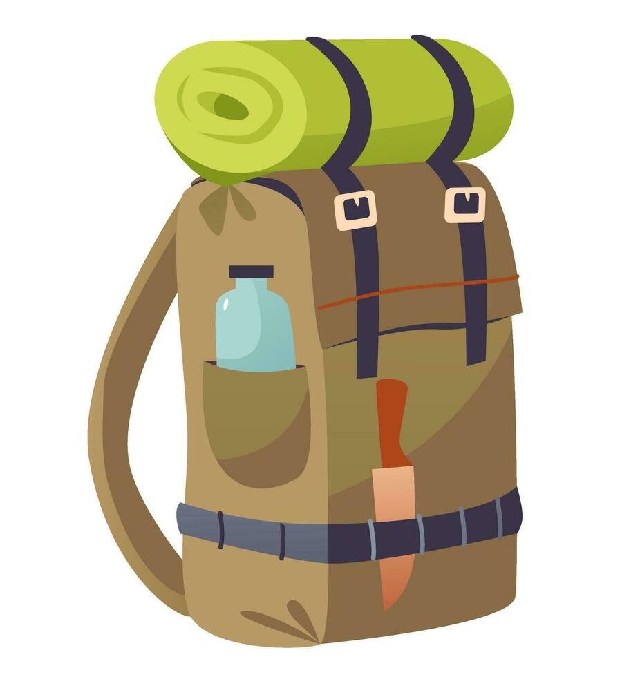 caminhada mochila isolado em branco fundo. viagem mochila com coisas para viagem. desenho animado vetor ilustração