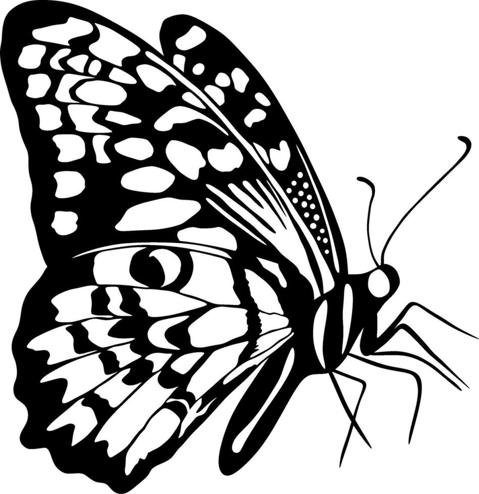 vetor monocromático borboleta lindo inseto com grande Preto asas. desenhando do uma vôo besouro.adequado para jato de areia, laser e plotter corte.