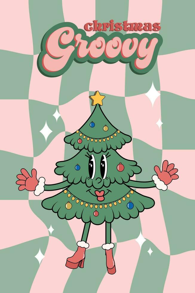 alegre Natal e feliz Novo ano desenho animado personagem. quadrinho funky dentro na moda groovy retro estilo para imprimir, invólucro papel, rede sites, fundo, social meios de comunicação, blog, apresentação e cumprimento cartões. vetor